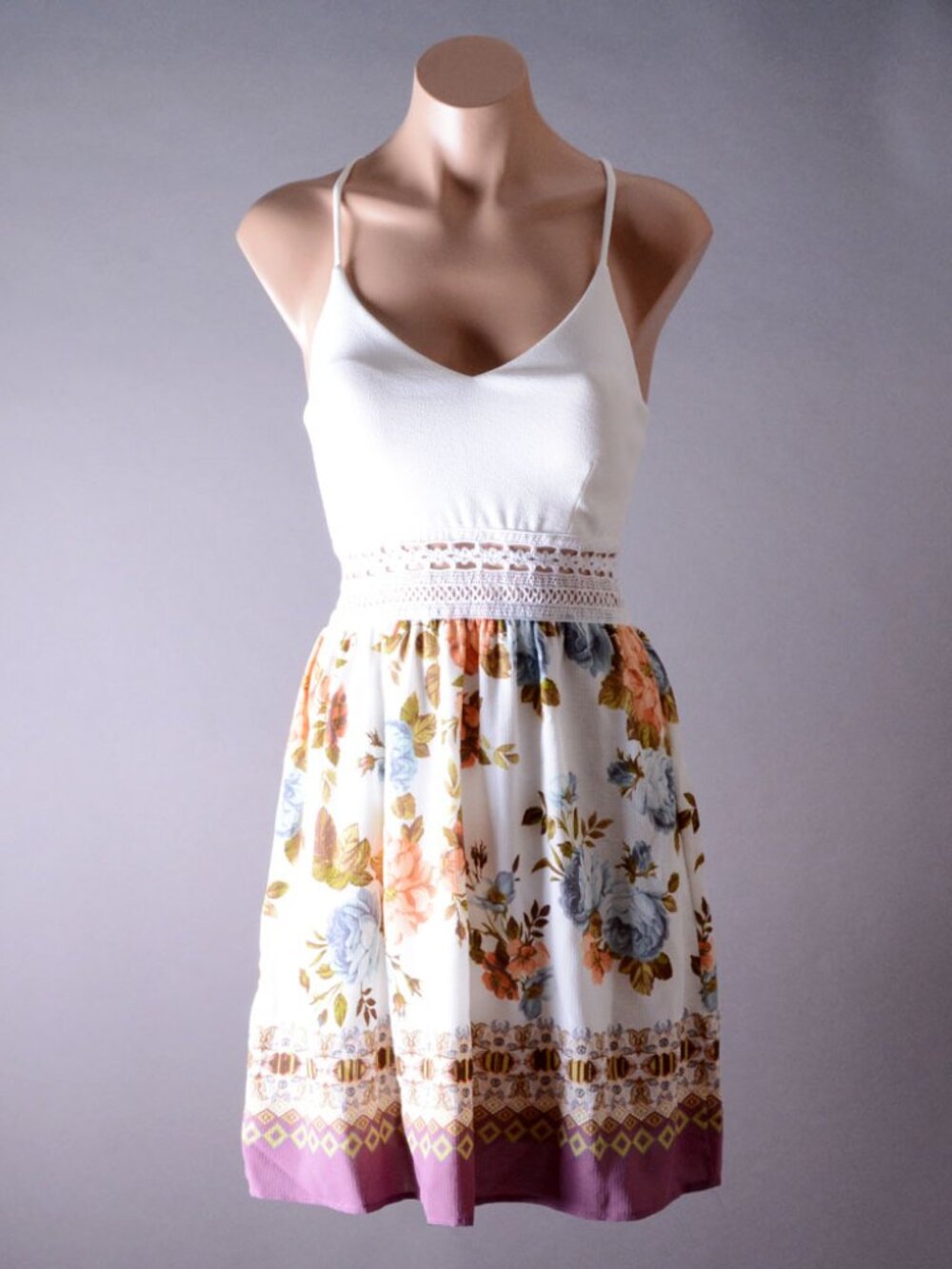 White Summer Floral Junior Crochet Lace Waistband Cami Mini Sundress Dress S M L